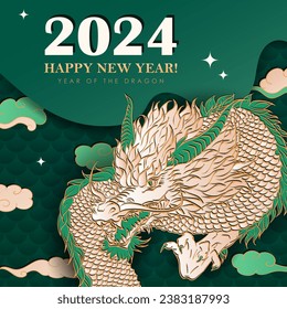 Green square poster with hand drawn paper cut Chinese Wood Dragon as a traditional symbol of 2024 New year. Banner with asian decorations - clouds, stars, dragon scales. Christmas vector greeting card