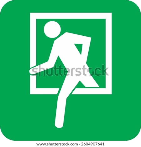 green square sign,  person exiting through a window,  emergency exit, guiding people to safety in case of danger