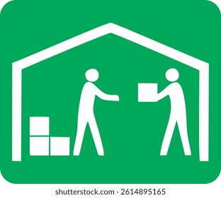 green square sign, warehouse or storage area, Inside the outline of a building, two figures are shown exchanging a box. stacked boxes, loading, unloading, or transfer of goods