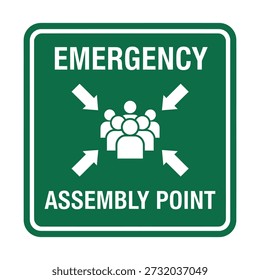 Ein grünes quadratisches Schild mit weißem Text und Symbolen, die einen Notmontagepunkt anzeigen. Vier weiße Pfeile zeigen nach innen auf eine Gruppe stilisierter Personen in der Mitte.