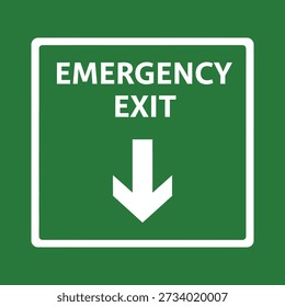 Un signo cuadrado verde con texto blanco que dice "SALIDA DE EMERGENCIA" y una flecha blanca que apunta hacia abajo, indicando una ruta de escape.