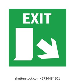 A green square sign with the word EXIT in white capital letters at the top. Below the word, there is a white graphic depicting a doorway and an arrow pointing downwards and to the right.
