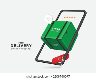 Green square-shaped bag or food container and buy icon are placed on bottom and there is pin for rider food delivery location and all display on smartphone screen,vector 3d isolated for food delivery