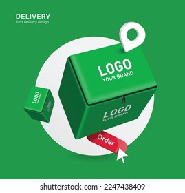 Green square-shaped bag or food container and order button are placed on bottom and there is pin for rider food delivery location,and all object place on white circle,vector 3d for food delivery