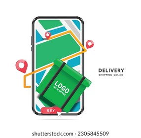 Green square-shaped bag or food container, yellow GPS route, red buy order button display on map on smartphone screen, vector 3d isolated for logistics, e commerce, delivery, online shopping concept