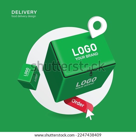 Green square-shaped bag or food container and order button are placed on bottom and there is pin for rider food delivery location,and all object place on white circle,vector 3d for food delivery