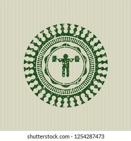 Green squat icon inside distressed with rubber seal texture