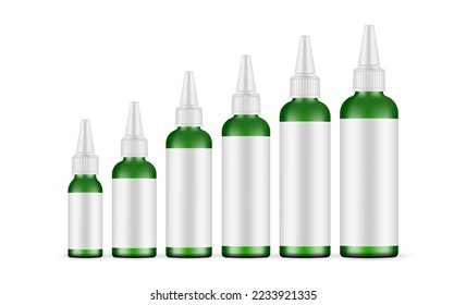 Green Squeeze Bottles With Twist-Open Dispensing Cap and Blank Label, Various Sizes, Isolated on White Background. Vector Illustration