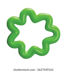 Green squiggle flower shape 3D cartoon plastic style icon. Doodle line glossy form, volume design element. Clay or plasticine texture daisy figure. Vector render illustration isolated