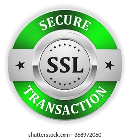 Green ssl secure transaction badge with silver border on white background