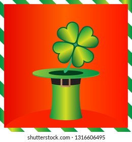 Green St. Patrick cap with lucky four leaf clover. Happy Saint Patricks Day greeting card vector illustration
