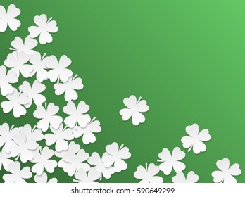 Green St. Patrick day background with clover four-leaf flat white paper cut leaves. Vector simple design.