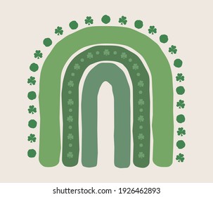 Green St Patrick Day Rainbow with shamrocks graphic design, luck of the Irish clover holiday illustration, symbol of Ireland, monochrome color modern art, holiday artwork vector