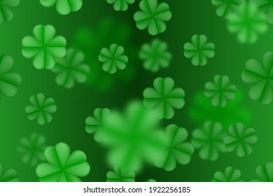 Green St. Patrick day seamless background with clover four-leaf blured leaves. Vector simple design