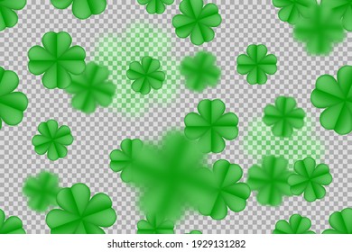 Green St. Patrick day seamless pattern on transparent background with clover four-leaf blured leaves. Vector overlay design