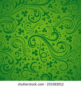 Green St. Patrick's day background with floral swirls and clover leaves.
