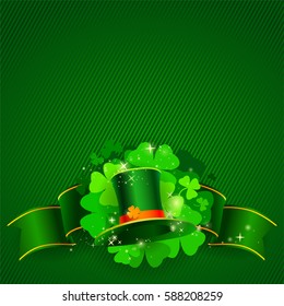 Green St. Patrick's day background with hat and clover. eps10