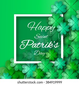 Green St. Patrick's Day with clover. Origami Green shamrock Irish tradition celebration with magical four leaf clover. Applique Vector illustration.