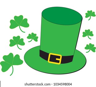 Green St. Patrick's Day hat with clover leaves, vector illustration, isolated