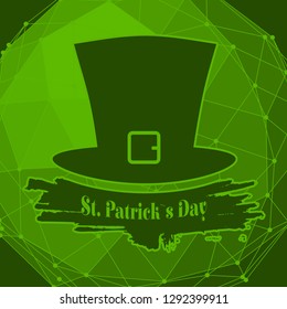 Green St. Patricks Day hat. Greeting card template. Grunge brush stroke. Connected lines with dots