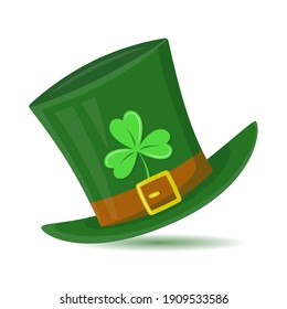 Green St. Patrick's Day hat with clover leaf. Leprechaun's hat with shamrock. Vector illustration in modern flat design. For banner, poster, cards, invitation, flyer.
