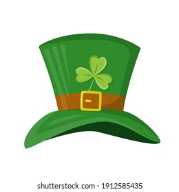 Green St. Patrick's Day hat with clover leaf. Leprechaun's hat with shamrock. Vector illustration in modern flat design. For banner, poster, cards, invitation, flyer.