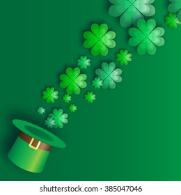 Green St. Patrick's Day with hat and clover. Origami Green shamrock Irish tradition celebration with magical four leaf clover. Applique Vector illustration.