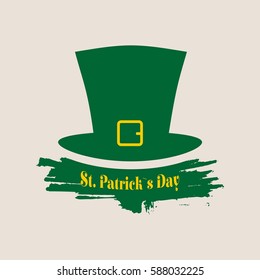 Green St. Patricks Day hat. Greeting card template. Vector illustration. Grunge brush stroke