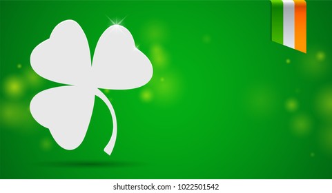 Green St. Patrick's day holiday banner with Irish flag and white clover. Shamrock.