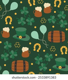 Green St. Patrick's Day seamless pattern background with golden horse shoes and coins, brown bier and barrel, teal balloons, green shamrocks.