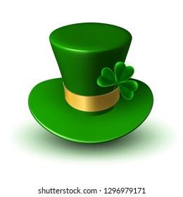 Green St. Patrick's hat with gold ribbon and three-leaf green leaf of clover. Three-dimensional vector illustration of traditional Irish folk headdress.