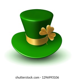 Green St. Patrick's hat with gold ribbon and three-leaf clover leaf. Three-dimensional vector illustration of traditional Irish folk headdress.