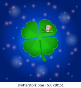 Green St Patrick's Shamrock and Shadow with Irish Hat on a Leaf Over Blue Glowing Space Background