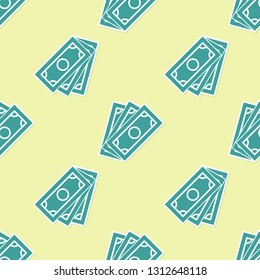 Green Stacks paper money cash icon isolated seamless pattern on yellow background. Money banknotes stacks. Bill currency. Vector Illustration