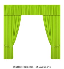 Green stage curtains isolated on white background. Realistic open drapes