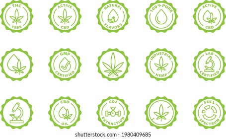 Green Stamp CBD Medical Marijuana Ganja Rounded Badge Outline Label Icon Set On Transparent Background