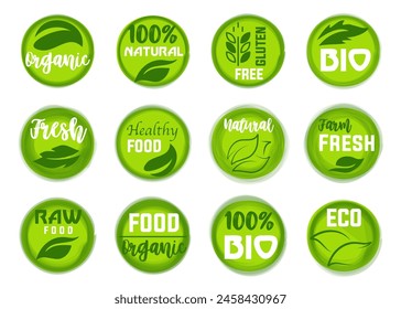 Green stamp labels for organic, natural, fresh, healthy food. Green vegan stickers. Organic product badges