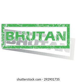 Green stamp with name Bhutan and shadow, isolated on white
