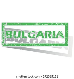 Green stamp with name Bulgaria and shadow, isolated on white