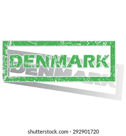 Green stamp with name Denmark and shadow, isolated on white