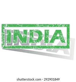 Green stamp with name India and shadow, isolated on white