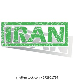 Green stamp with name Iran and shadow, isolated on white