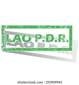 Green stamp with name Lao PDR and shadow, isolated on white