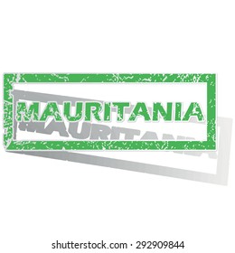 Green stamp with name Mauritania and shadow, isolated on white