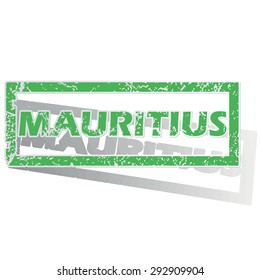 Green stamp with name Mauritius and shadow, isolated on white