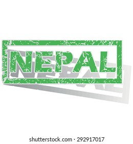 Green stamp with name Nepal and shadow, isolated on white