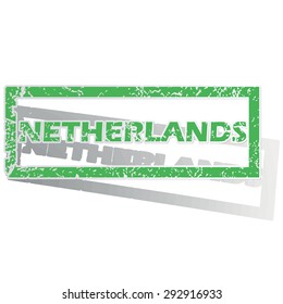 Green stamp with name Netherlands and shadow, isolated on white