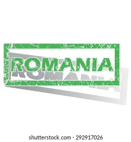 Green stamp with name Romania and shadow, isolated on white