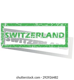 Green stamp with name Swtizerland and shadow, isolated on white
