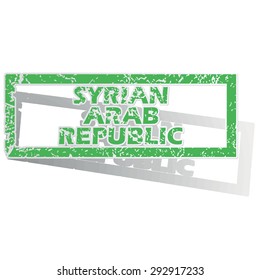 Green stamp with name Syrian Arab Republic and shadow, isolated on white